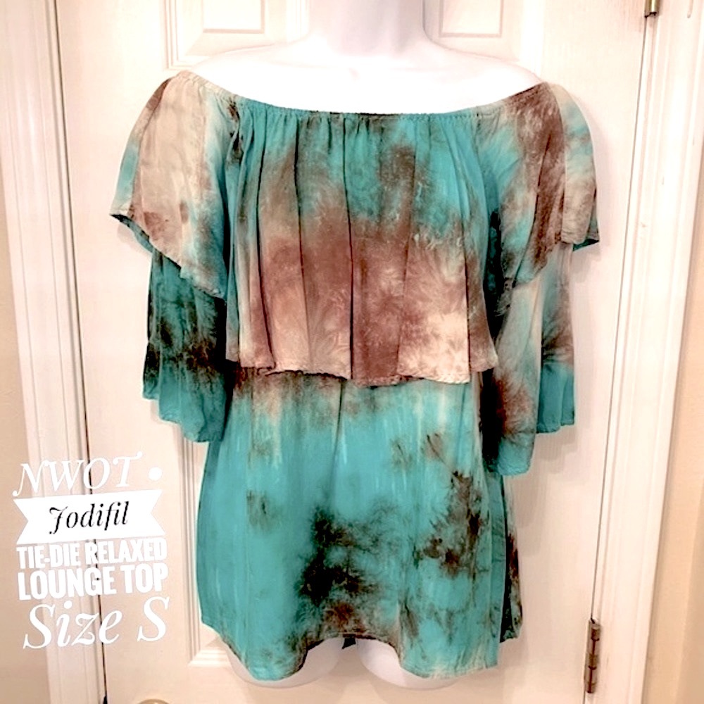 Jodifl Aqua Tie-dye off the shoulder relaxed fit oversized tunic NWT Sz Sm/Med